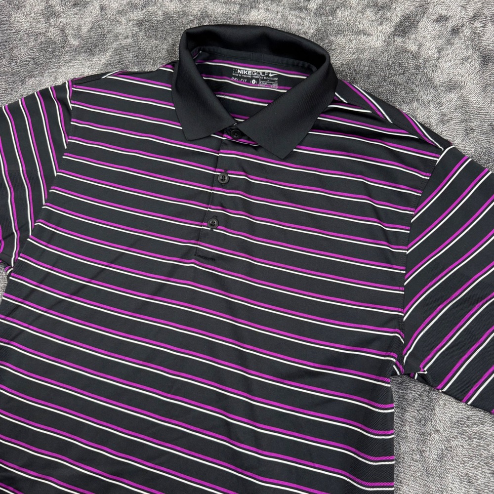 Nike Golf Polo Shirt Mens S Black Purple Striped Dri-FIT Performance Top